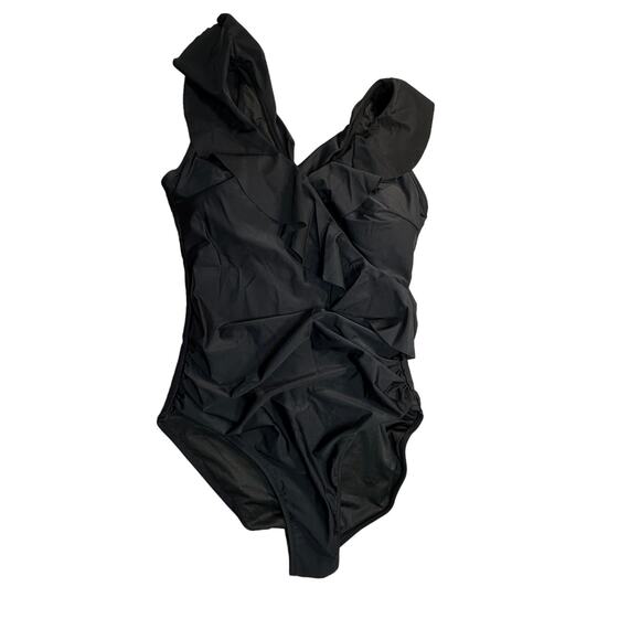 Blooming Jelly Swimsuit Large Black One Piece Ruffled Slimming NonAdjustable - Picture 1 of 10